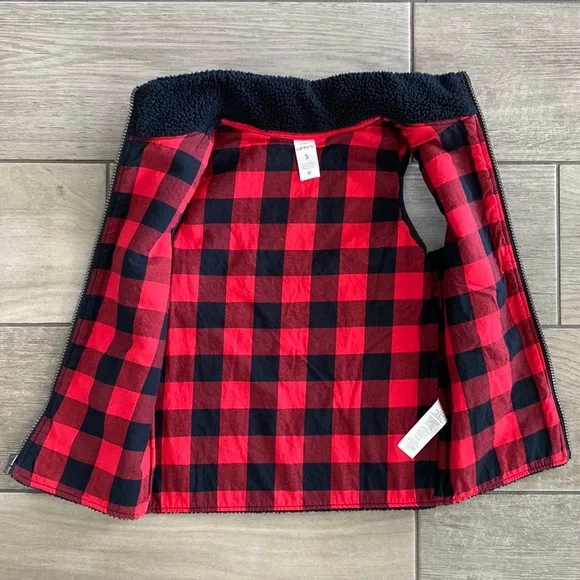 Boys Carters Black Fleece Vest Lined with Red/Black Buffalo Check - Picture 5 of 6